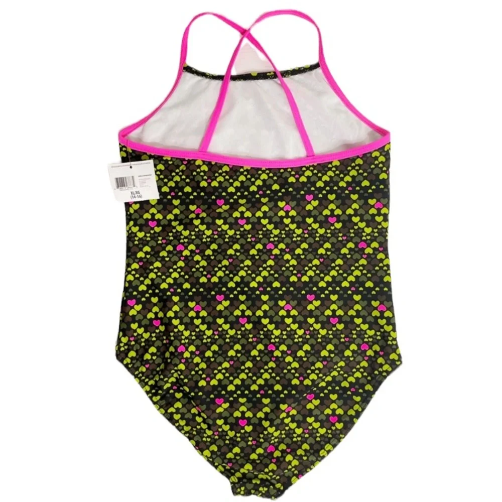 Girls Swimsuit One Piece Bathing Suit Hearts Summer Beach Pool Green Pink White